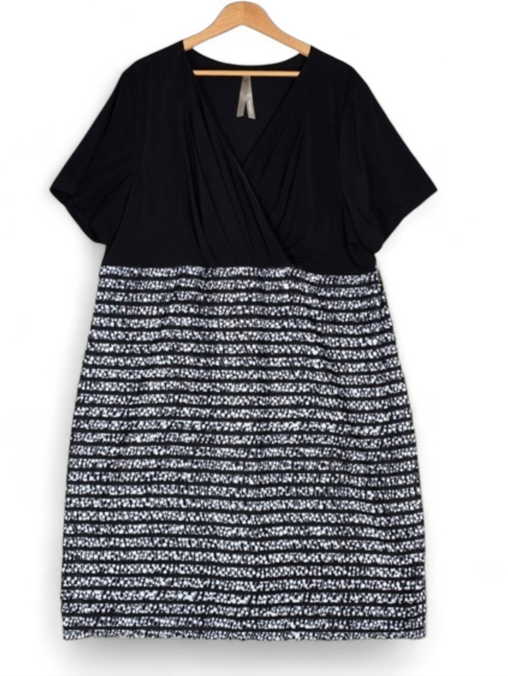 Penningtons Women's Tiered Ruffle Mixed Media Dress Black White V Neck 4X